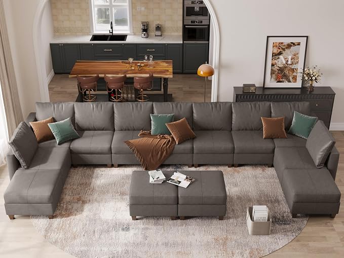 EASE MOOSE Faux Leather Modular Couch Sectional Sofa with Storage Ottomans, Oversized U Shaped Couch, Grey