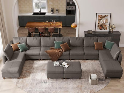 EASE MOOSE Faux Leather Modular Couch Sectional Sofa with Storage Ottomans, Oversized U Shaped Couch, Grey