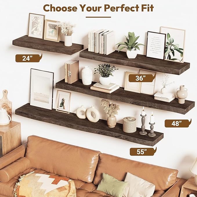 Vivelove Live Edge Floating Shelves 36 inch Long, Elm Wood Wall Display Shelf with Invisible Bracket for Living Room Bedroom Bathroom Office, Rustic Farmhouse, Solid Wood Set of 2 - Dark Walnut