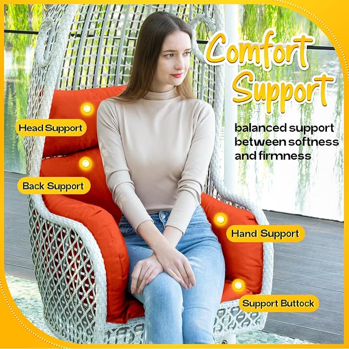 MAGIC ELEPHANT Egg Chair Cushion, Memory Foam Indoor Outdoor Hanging Egg Chair Cushion Replacement, Patio Basket Swing Cushion with Headrest (Orange)