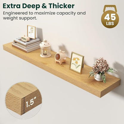 Floating Shelves for Wall, 48 Inch x 8 Inch Deep Wall Mounted Wood Shelf with Invisible Brackets for Storage & Display, Living Room Bedroom Kitchen, Oak, Set of 2
