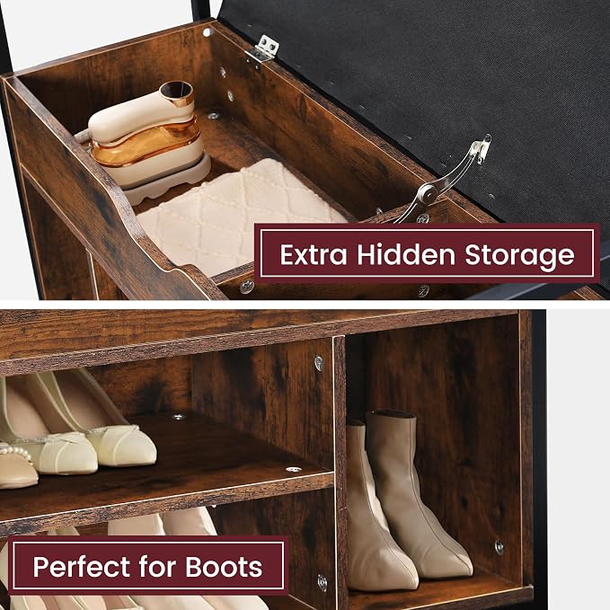 35" Wood Shoe Rack for Entryway, Shoe Bench with Storage and Padded Cushion Seat, Bench Organizer, Ideal for Foyer, Mudroom, Hallway, or Bedroom, Rustic Brown and Black