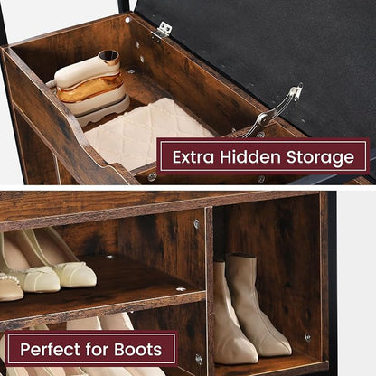 35" Wood Shoe Rack for Entryway, Shoe Bench with Storage and Padded Cushion Seat, Bench Organizer, Ideal for Foyer, Mudroom, Hallway, or Bedroom, Rustic Brown and Black