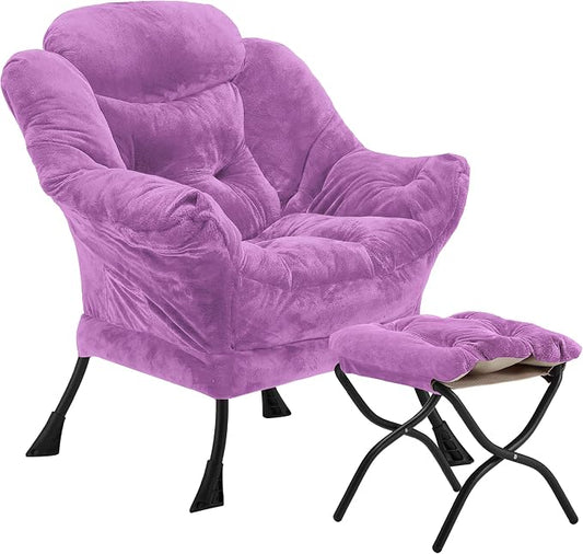 Youtanic Lazy Chair with Folding Ottoman, Accent Chair Plush Upholstered with Metal Structure and Non-Slip Pads, Sofa Armchair with Footrest and Side Storage Bag for Dorm, Room, Office, Purple