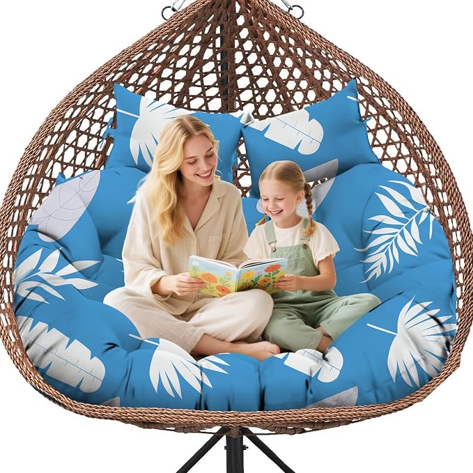 Double Egg Chair Cushion Replacement Waterproof for Outdoor Patio Hanging Basket Large Egg Chairs, 59x43-Inch Thickened 100% Cotton Double Eggs Swing Chair Cushions, Blue Leaf