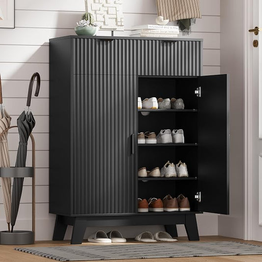 Shoe Cabinet Storage for Entryway with Doors, 4 Tier Fluted Shoe Organizer with 2 Drawers, Entryway Shoe Storage with Adjustable Shelves, Freestanding Hidden Shoe Rack for Front Door Entrance, Black