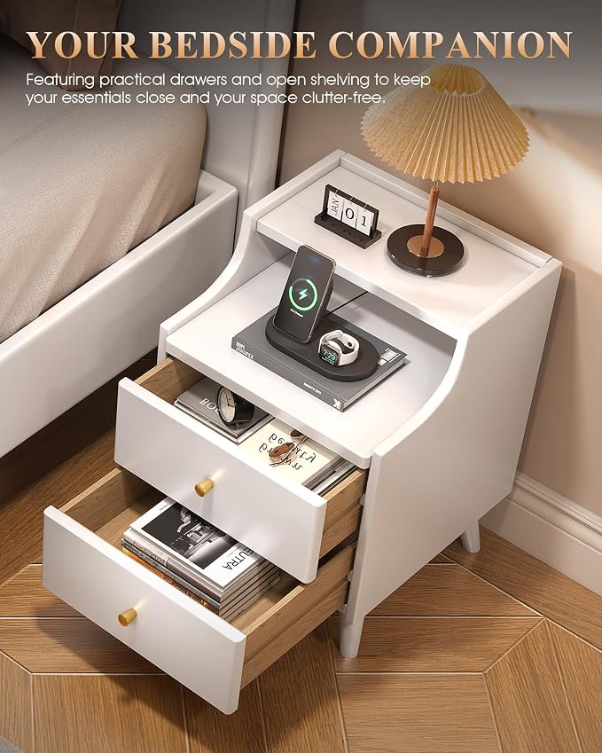 Narrow Nightstand with Drawers, 15.7" Slim Solid Wood Bedside Table with Open Shelf & Cable Hole, Modern Storage Side Table for Bedroom, White
