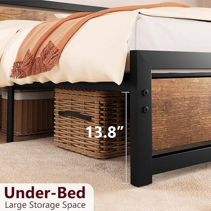 IDEALHOUSE King Size Bed Frame with Wooden Headboard and Footboard, Industrial King Bed Platform, No Box Spring Needed, Noise-Free, 13.8" Under Bed Storage, Easy Assembly