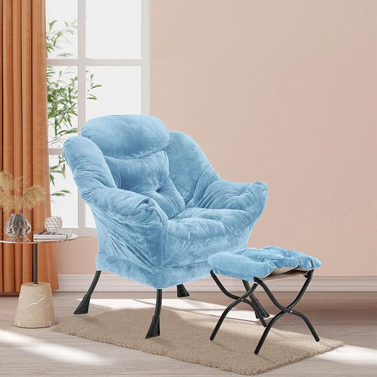 Youtanic Lazy Chair with Folding Ottoman, Accent Chair Plush Upholstered with Metal Structure and Non-Slip Pads, Sofa Armchair with Footrest and Side Storage Bag for Dorm, Room, Office, Blue