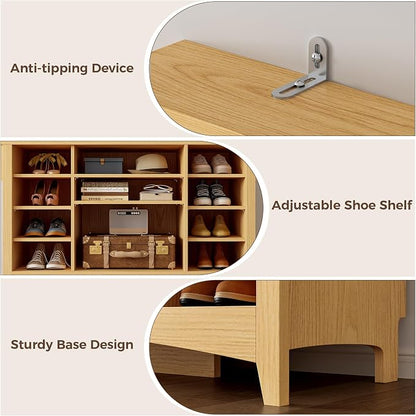 IRONCK 80" H 47" W Large Hall Tree with Bench and Shoe Storage, 6-in-1 Entryway Bench with Coat Rack, Adjustable Shelf, Hanging Hooks, 11 Shoe Cubbies, 2-Tier Top Storage for Entryway and Bedroom, Oak