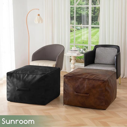 HIGOGOGO Square Stuffed Pouf Ottoman, Pu Leather Poufs with Foam Chunk Filling, Furry and Fluffy Pouf Foot Stool Storage Ottoman,20 X 14 Inches Floor Poufs Foot Rest for Living Room, Dark Brown