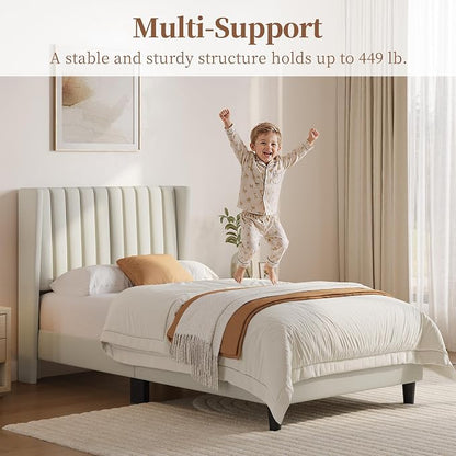 Yaheetech Twin Bed Frame Upholstered Platform Bed with Fabric Headboard, Wing Edge Design/Non-Slip and Noise-Free/Wooden Slats Support/No Box Spring Needed/Easy Assembly, Ivory Twin Bed