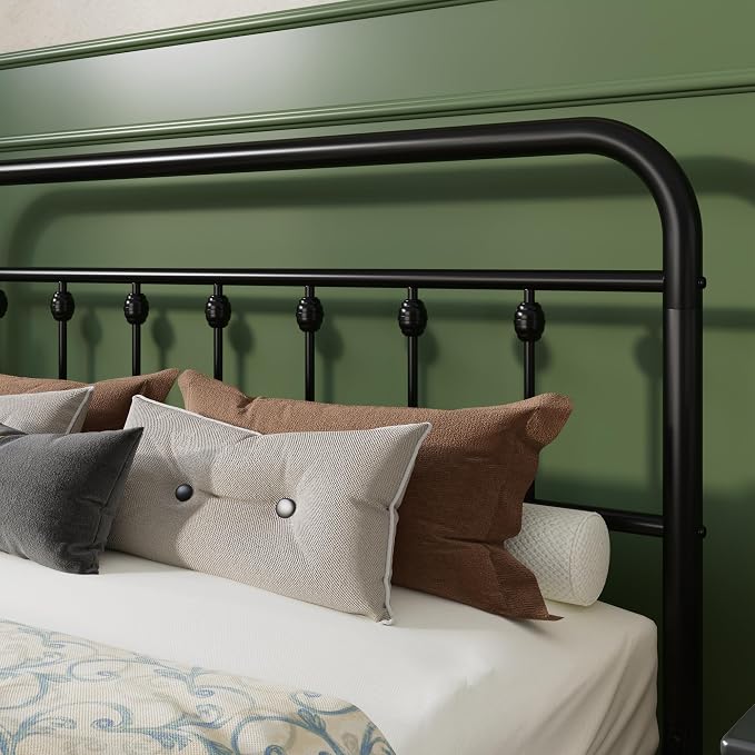 SHA CERLIN Queen Size Metal Platform Bed Frame with Victorian Style Iron-Art Headboard and Footboard, Easy Assembly, Under Bed Storage, No Box Spring Required, Black