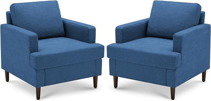 Weture Mid-Century Accent Chair,Modern Linen Fabric Armchair for Living Room,Comfy Upholstered Reading Accent Chairs for Bedroom,Single Sofa Chair with Wood Legs (Blue, 2 Pack)