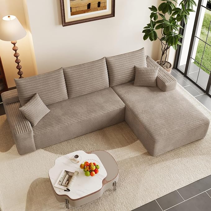 95" Modular Sectional Couch, Boneless L Shaped Cloud Sofa with Chaise Lounge, Corduroy Upholstered Couches Memory Foam Deep Seat, No Assembly Required, Ideal for Living Room(Camel, Right Facing)