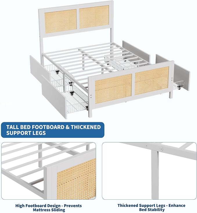 IDEALHOUSE Rattan Bed Frame with Storage Drawers, Boho King Size Led Bed Frame with Strong Metal Slats Support, No Box Spring Needed, Noise-Free Design, White