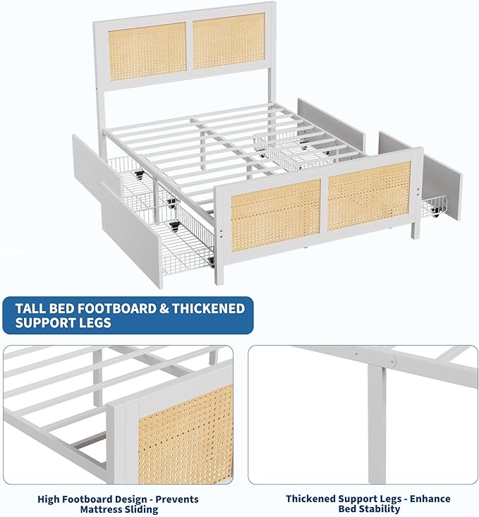 Garvee Rattan Full Bed Frame with LED Headboard (7 Colors), Boho Cane Platform Bed with 4 Large Drawers, Strong Metal Slats Support, Noise Free, No Box Spring Needed, Easy Assembly, White