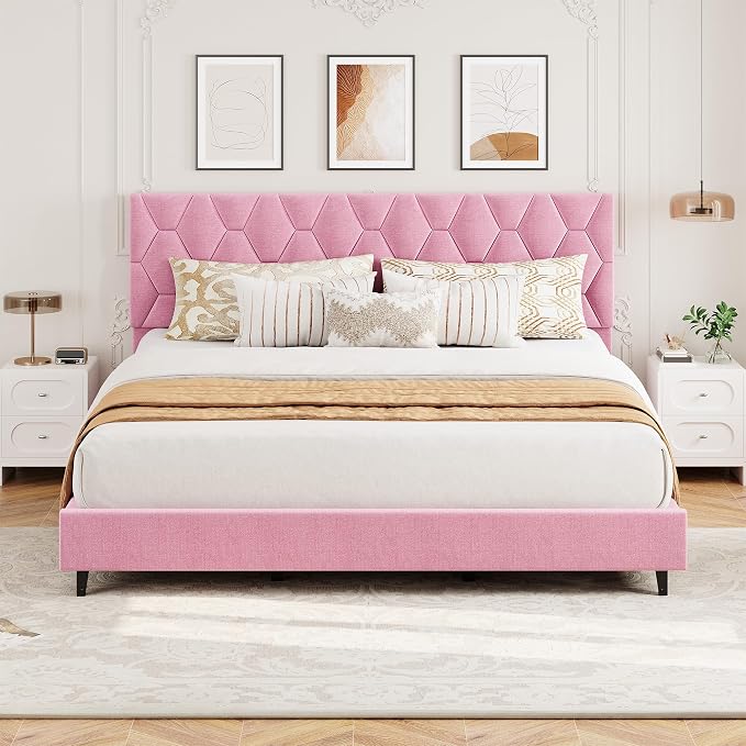 GarveeHome California King Bed Frame with Adjustable Headboard, Modern Linen Upholstered Platform Bed Frame with Wood Slats Support, No Box Spring Needed, Easy Assembly for Bedroom Apartment, Pink