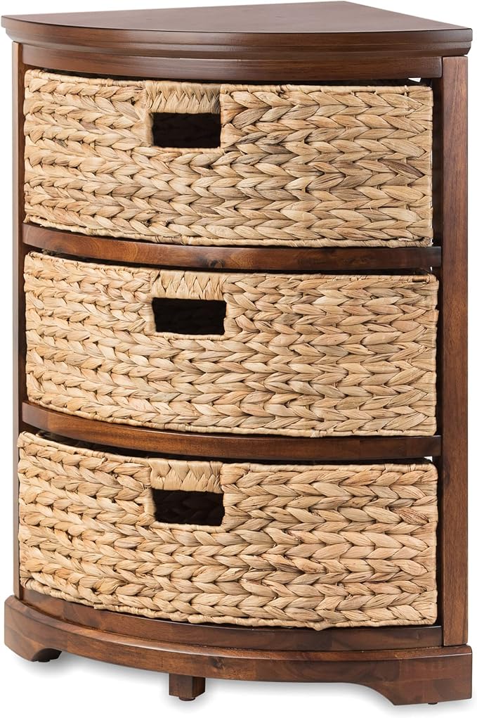 eHemco Hampton Meadows 3 Tier X-Side Corner Table Storage Cabinet, Walnut | 3 Wicker Baskets
