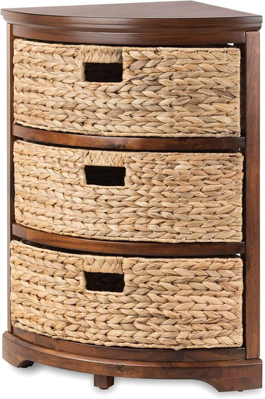eHemco Hampton Meadows 3 Tier X-Side Corner Table Storage Cabinet, Walnut | 3 Wicker Baskets