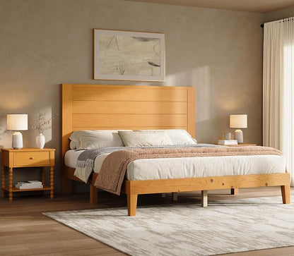 AMERLIFE 3 Piece King Bedroom Set, Solid Wood Platform Bed Frame & Nightstand Set of 2, Mid Century Modern Wooden Bedroom Furniture Set, No Box Spring, Noise-Free, Natural