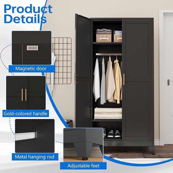 PAOFIN 71" Metal Armoire Wardrobe Closet, Bedroom Clothing Storage Cabinet with 2 Drawers and Hanging Rod, Freestanding Armoire Cabinet with Adjustable Shelves (Black)