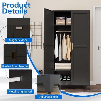 PAOFIN 71" Metal Armoire Wardrobe Closet, Bedroom Clothing Storage Cabinet with 2 Drawers and Hanging Rod, Freestanding Armoire Cabinet with Adjustable Shelves (Black)
