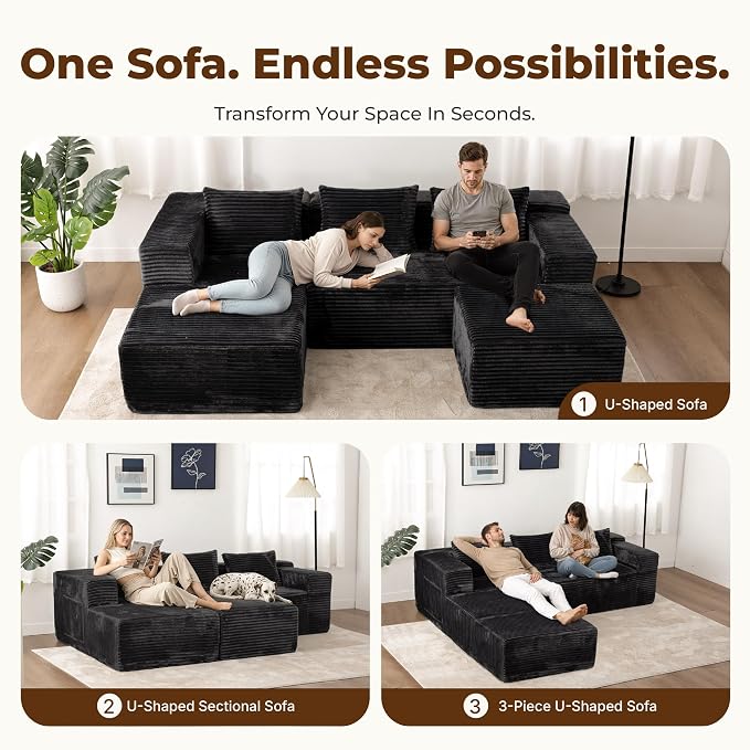 Modular Sectional U-Shaped Sofa with Deep Seat, Modern Boneless Comfy Corduroy Fluffy Couch with Side Pockets and Anti-Slip & Floor-Friendly Bottom for Living Room, No Assembly, Black