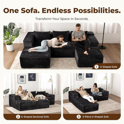 Modular Sectional U-Shaped Sofa with Deep Seat, Modern Boneless Comfy Corduroy Fluffy Couch with Side Pockets and Anti-Slip & Floor-Friendly Bottom for Living Room, No Assembly, Black