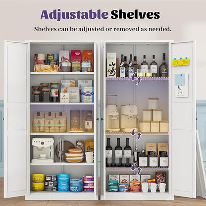 71"Kitchen Pantry Cabinet,White Metal Pantry Cabinet with 2 Doors & 4 Adjustable Shelves,Pantry Cabinets with Gold/Black Handles,Kitchen Cabinet for Dinging Room,Living Room,Assembly Required