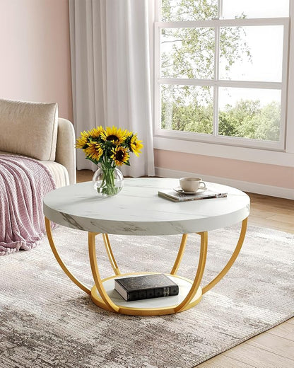 LITTLE TREE Round Coffee Table, 32" Circle Faux Marble Coffee Tables for Living Room, 2-Tier Golden Metal Legs Accent Center Table with Open Storage Modern Design Home Furniture (White and Gold)