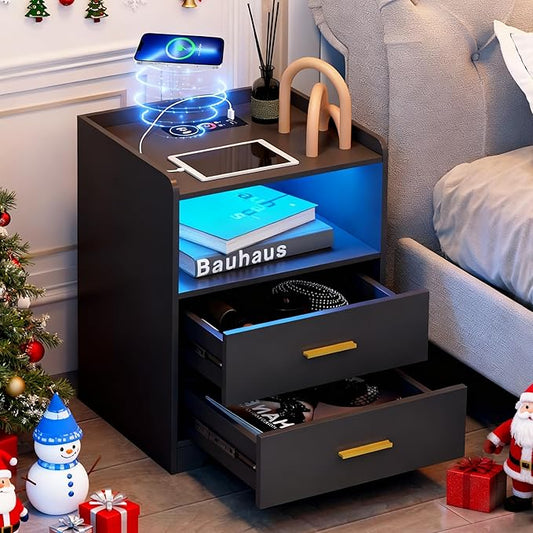 dnbss Black LED Nightstand with Charging Station, Modern Night Stands with 24-Color RGB LED Lights, Smart Lighted Black Bedside Table with 2 Drawers for Bedroom