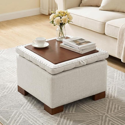 24 Inch Square Storage Ottoman Coffee Table, Modern Tufted Upholstered Ottoman with Flip Tray and Solid Wood Legs, Suitable for Living Rooms, Linen Beige