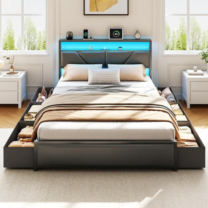 OURPIC Queen Bed Frame, 2-Tier Storage Headboard & 6 Fabric Drawers, PU Leather Upholstered Queen Size Platform Bed with Charging Station and LED Lights, No Box Spring Needed, Noise Free