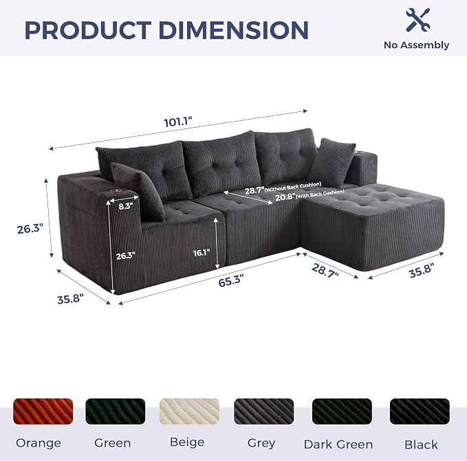 MAXYOYO Modular Sectional Sofa Couch, L Shaped Modern Cloud Couch with Ottoman, Sofa in A Box, Tufted 4-Seat Boneless Sleeper Chair for Living Room, No Assembly Required, Grey
