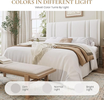 SHA CERLIN Full Size Platform Bed Frame, Velvet Upholstered Bed with Adjustable Headboard, Vertical Channel Tufted Design, Sturdy Wood Slat Support, No Box Spring Needed, Easy Assembly, White