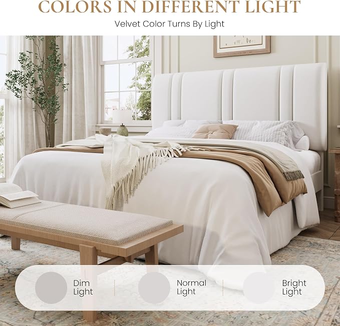 SHA CERLIN Queen Size Platform Bed Frame, Velvet Upholstered Bed with Adjustable Headboard, Vertical Channel Tufted Design, Sturdy Wood Slat Support, No Box Spring Needed, Easy Assembly, White
