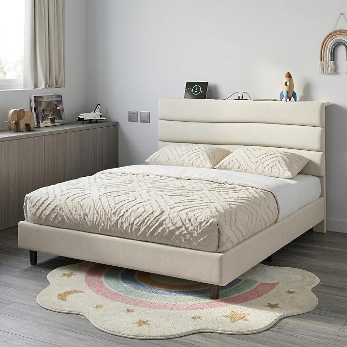 EnHomee Twin Size Bed Frame with Adjustable Height Headboard, Noise-Free Upholstered Platform Bed, No Box Spring Needed,Easy Assembly for Dorm,Beige