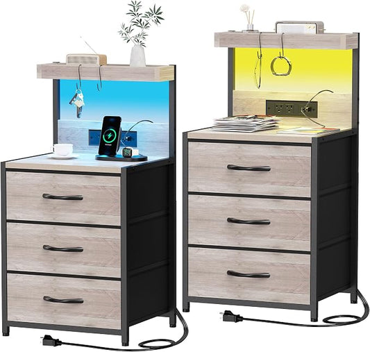 SZLHANJZ Night Stand Set 2 with LED Lights for Bedroom, Bedside Nightstands with Power Outlet and Type C Port, Matching Tables with 3 Fabric Drawers, Hooks, and Shelves, Greige