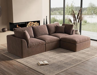 ohllob 110" Cloud Sectional Couches for Living Room, Boneless L-Shape Couch with Ottoman, 3 Seater Modular Sectional Sofa, Brown