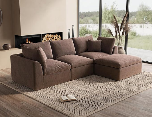 ohllob 110" Cloud Sectional Couches for Living Room, Boneless L-Shape Couch with Ottoman, 3 Seater Modular Sectional Sofa, Brown