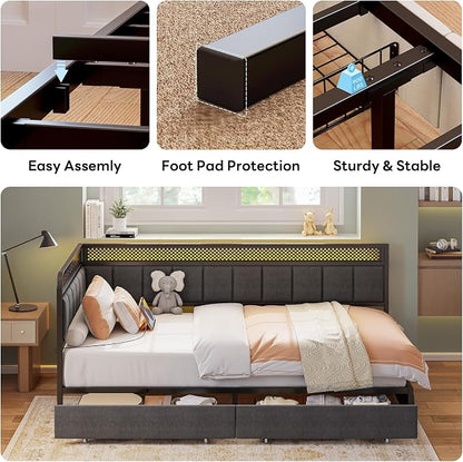 LIKIMIO Twin XL Corner Bed Frame, Modern Daybed with Upholstered Guardrail | Under-Bed Storage Drawers, Built-in Charging Station, Adjustable Smart LED Lights, Gray