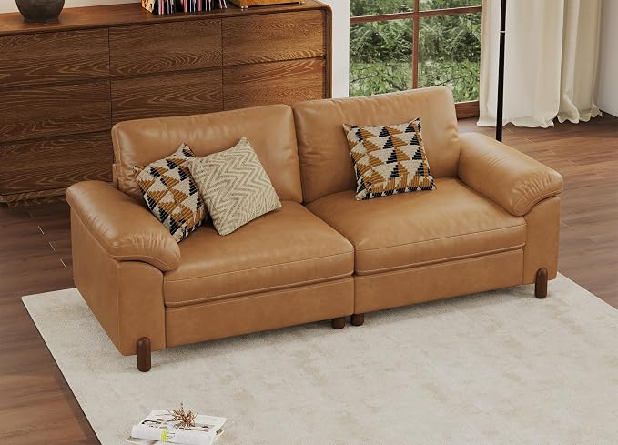 SITJOY Large Cloud Couch, 86" Wide 2 Seater Loveseat, Faux Leather in Brown | Pet-Friendly Scratch-Resistant Leather Sectional Sofas for Living Room, Deep Seat Wide Couch