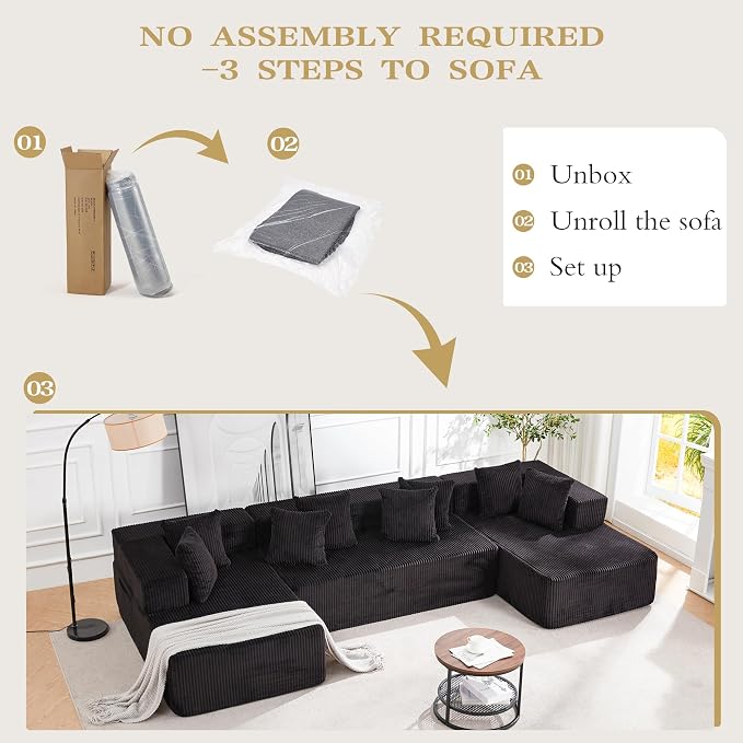 HOMREST 131" Cloud Memory Foam Sofa with Chaise Lounge, Boneless Corduroy Deep Seat Modular Sectional Couch, Large U-Shaped Floor Sofa for Living Room & Apartment, No Assembly Required, Black