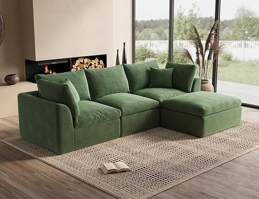 ohllob 110" Cloud Sectional Couches for Living Room, Boneless L-Shape Couch with Ottoman, 3 Seater Modular Sectional Sofa, Green
