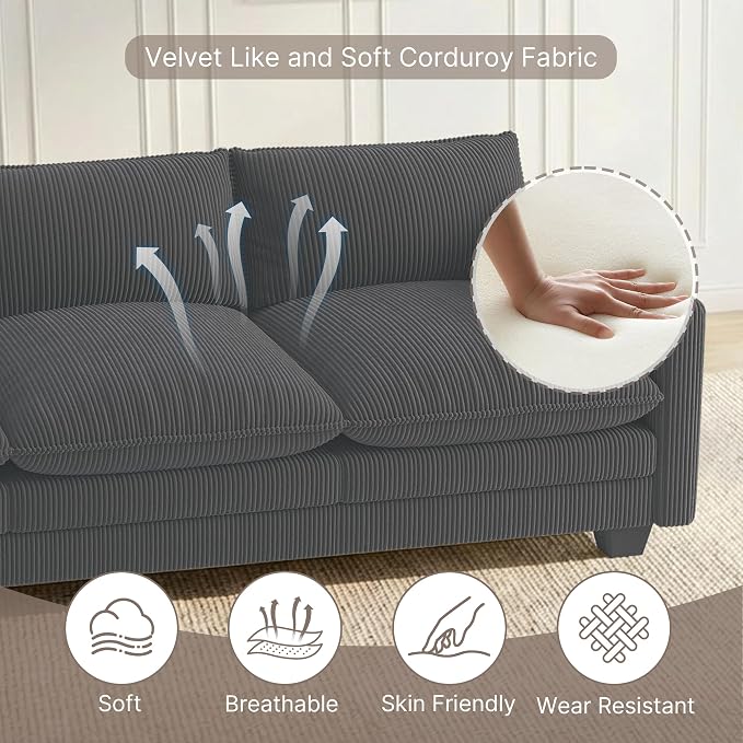 Gizoon 75'' Loveseat with Ottoman for Small Space L Shaped Cloud Coucher with Deep Seats, 2 Seater Love Seat Sofa with Washable Corduroy Cover for Living Room Bedroom, Gray