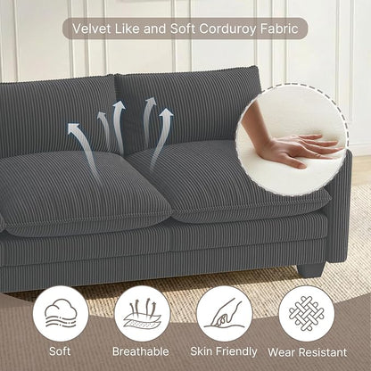 Gizoon 75'' Loveseat with Ottoman for Small Space L Shaped Cloud Coucher with Deep Seats, 2 Seater Love Seat Sofa with Washable Corduroy Cover for Living Room Bedroom, Gray