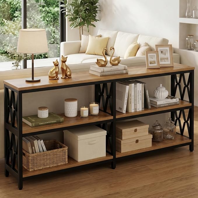 LITTLE TREE Console Table with Storage Shelves, 70.9" Industrial 3-Tier Sofa Table for Living Room, Long Foyer Table Entryway Table for Hallway, Front Door, Entrance, Natural Light Oak & Black