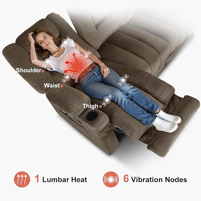 MCombo Zero Gravity Power Reclining Sofa with Heat and Vibration Massage, 3 Seater Reclining Couch with USB Ports, Cup Holders for Living Room, Fabric PR648SET (Dark Brown)