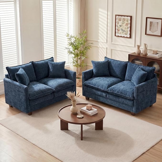 Loveseat Sofa Couch 2 Piece Set, Small Compact 50" Love Seat 27" Deep Cloud Sofa Set Washable Chenille Pillow Living Room Set for Apartment Office 8833-BLUE-2+2
